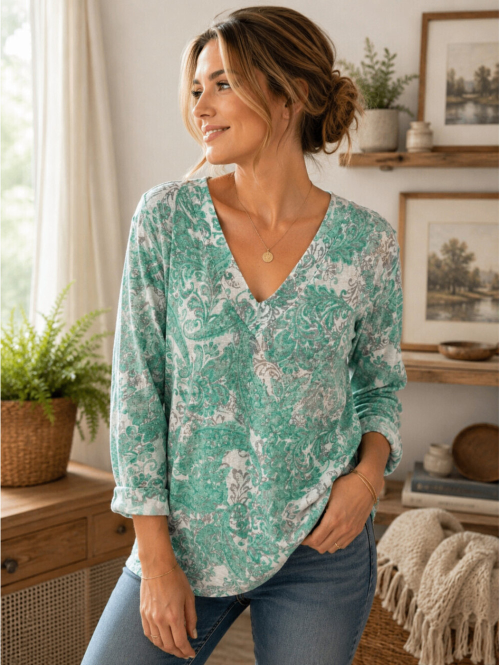 Chico's Womens XL Green White Gray Paisley Linen Blend V-Neck Pullover Top